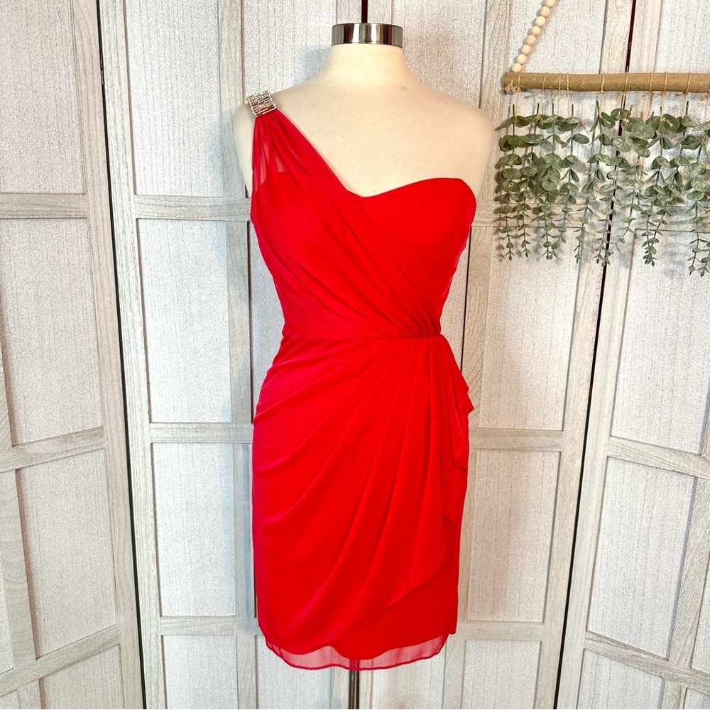 Vintage Cache Mini Cocktail Dress 90s Short Red Rhinestone One Shoulder Size 6